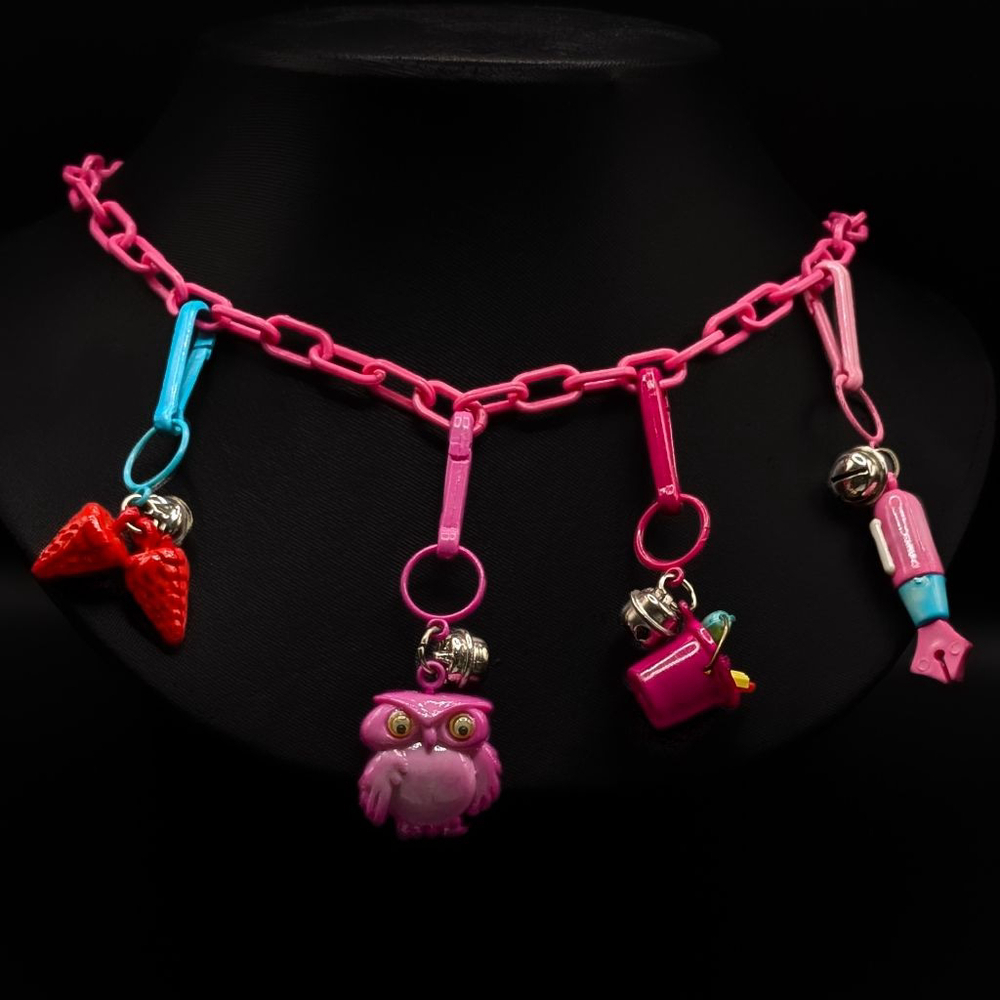 80's 90's Babies! Pink Plastic Link Necklace with 4 Vintage Retro Charms